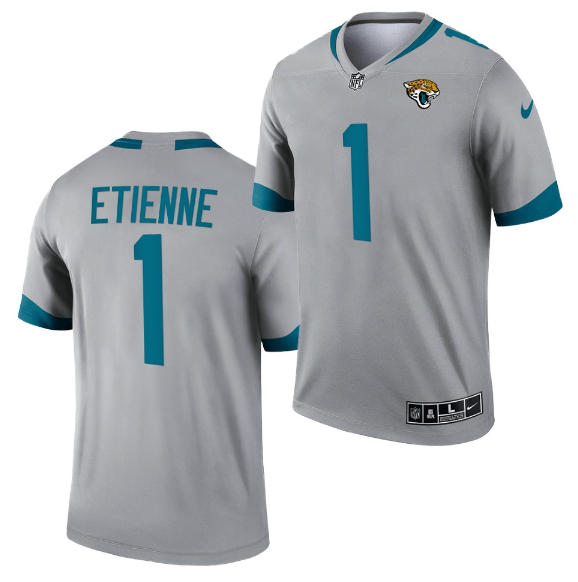 Men's Jacksonville Jaguars #1 Travis Etienne JR 2021 Silver Inverted Legend Stitched Jersey Men's Jacksonville Jaguars #1 Travis Etienne JR 2021 Silver Inverted Legend Stitched Jersey